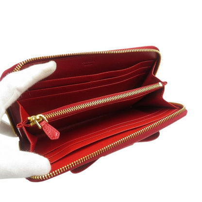 Prada Ribbon 1m0506 Saffiano Leather Gold Hardware Red Round Zipper Long Wallet