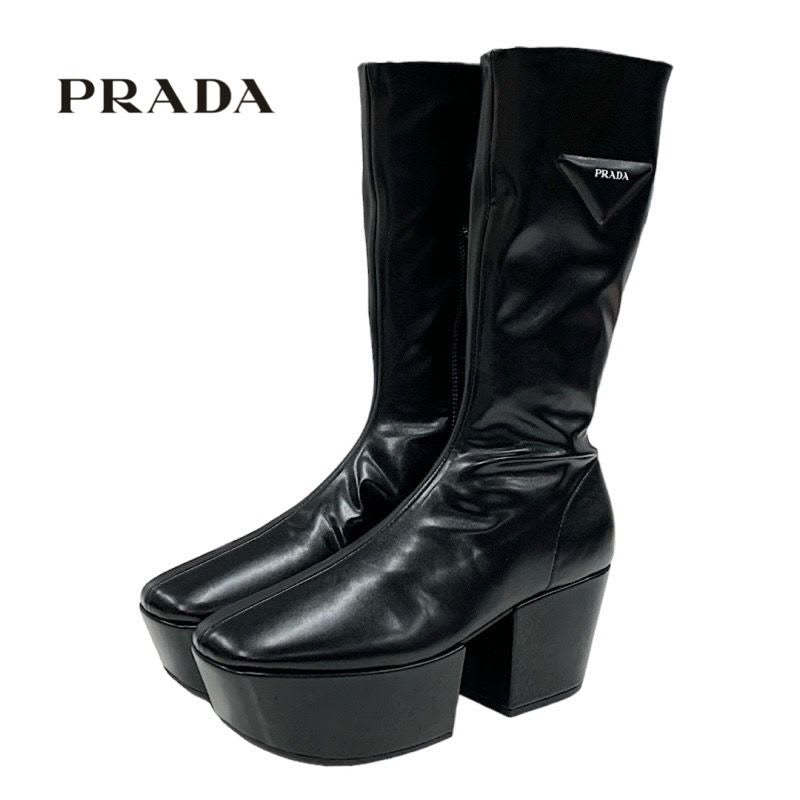 Prada Boots Long Middle Shoes Logo Platform Leather Black