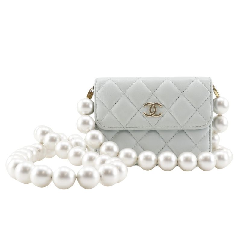 Chanel Pearl Strap Flap Wallet Matelasse Ap1838 Leather X Faux Pearl Light Blue