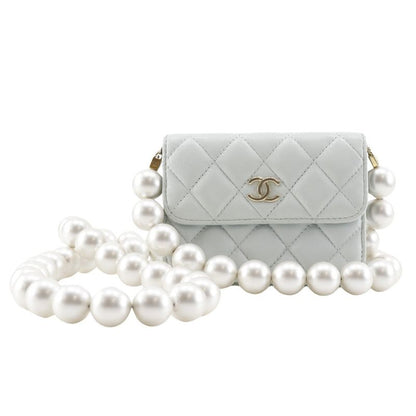 Chanel Pearl Strap Flap Wallet Matelasse Ap1838 Leather X Faux Pearl Light Blue