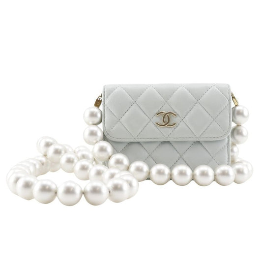 Chanel Pearl Strap Flap Wallet Matelasse Ap1838 Leather X Faux Pearl Light Blue
