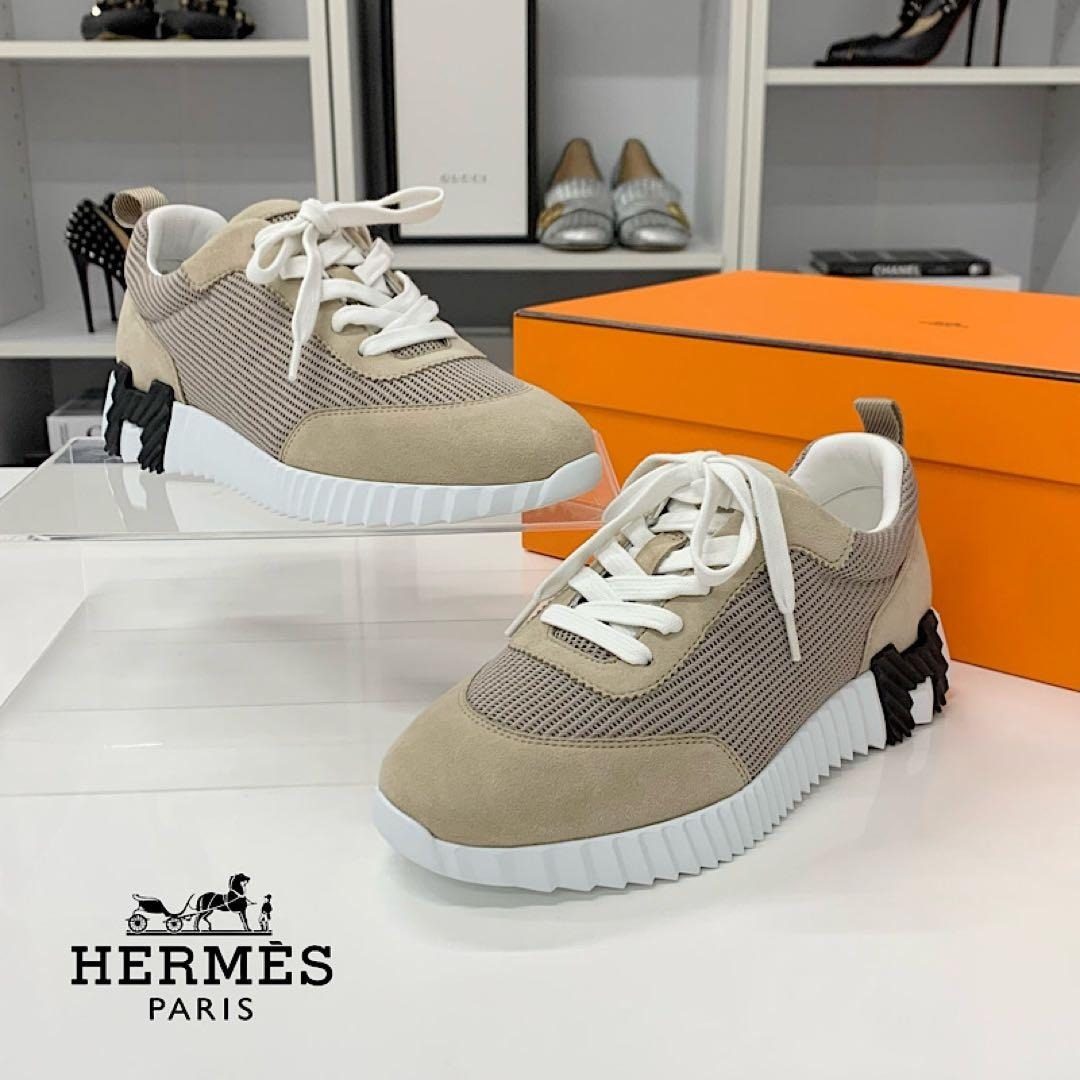 Hermes Bouncing Fabric Suede Sneakers Beige