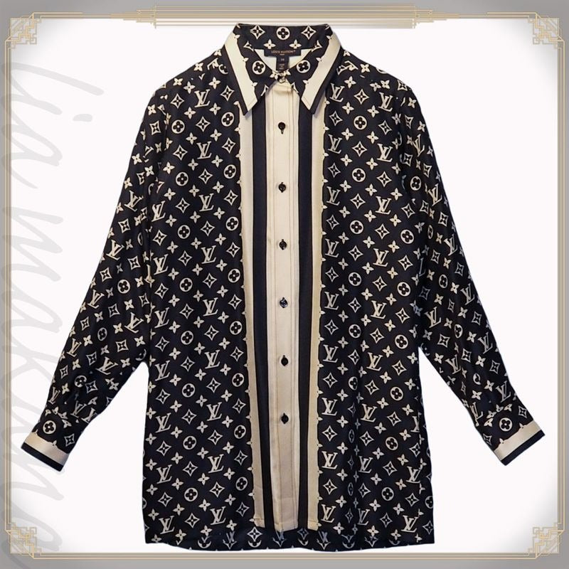 Louis Vuitton Monogram Pajama Shirt Silk Blouse Top Navy Ivory