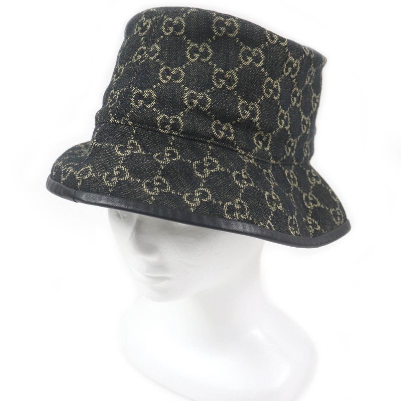Gucci 576371 Cotton GG Logo Allover Leather Piping Denim Bucket Hat Black L