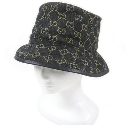 Gucci 576371 Cotton GG Logo Allover Leather Piping Denim Bucket Hat Black L