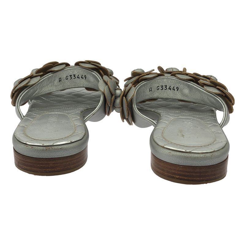 Chanel Camellia Flower Mule Sandals Silver 35