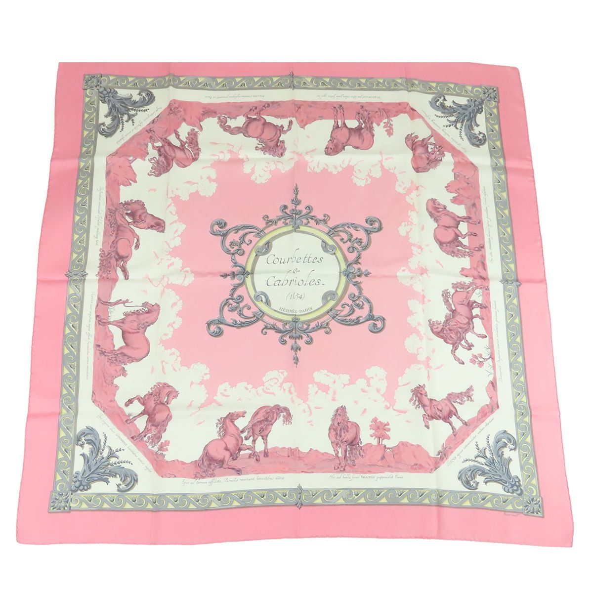 Hermes Carre 90 Courbettes et Cabrioles Silk Scarf Pink White Multicolor