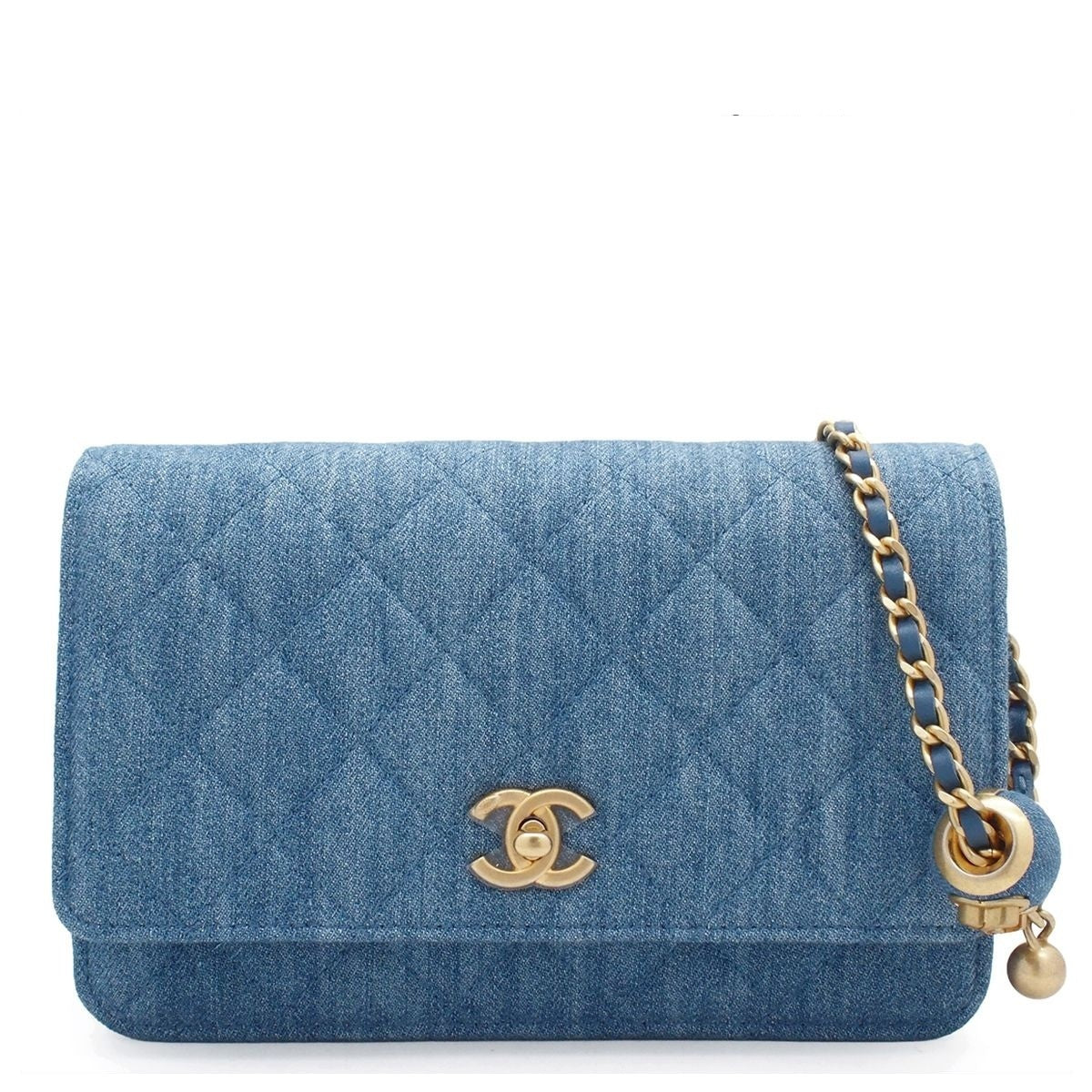 Chanel Quilted Chain Wallet Blue Gold Denim Lambskin Coco Ball Random Shoulder
