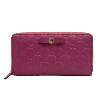 Gucci Wallet Guccissima Pink Signature Leather Ribbon Zip Around Gold