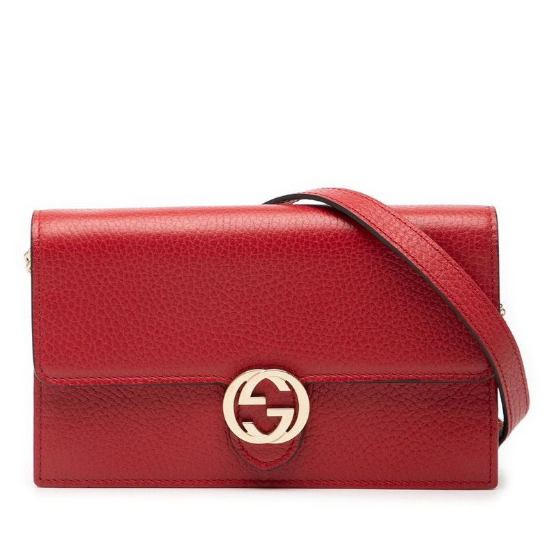 Gucci Interlocking G Crossbody Chain Wallet Shoulder Bag Red Leather