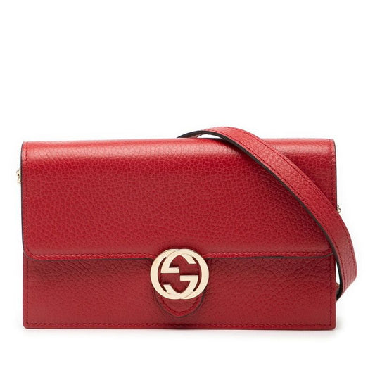 Gucci Interlocking G Crossbody Chain Wallet Shoulder Bag Red Leather