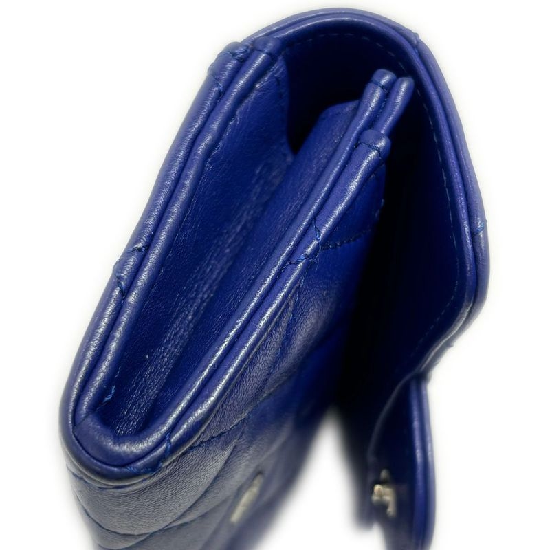 Chanel Card Case Business Holder Quilted CC Logo Lambskin Blue Silver