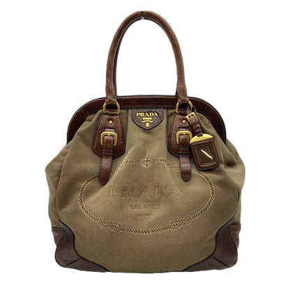 Prada Logo Jacquard Tote Handbag Leather Brown Beige Women Men Vintage Fashion