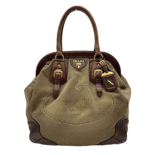 Prada Logo Jacquard Tote Handbag Leather Brown Beige Women Men Vintage Fashion