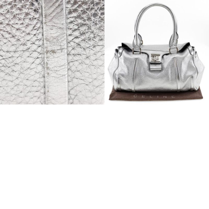 Celine Logo Plate Calf Silver Ladies Handbag