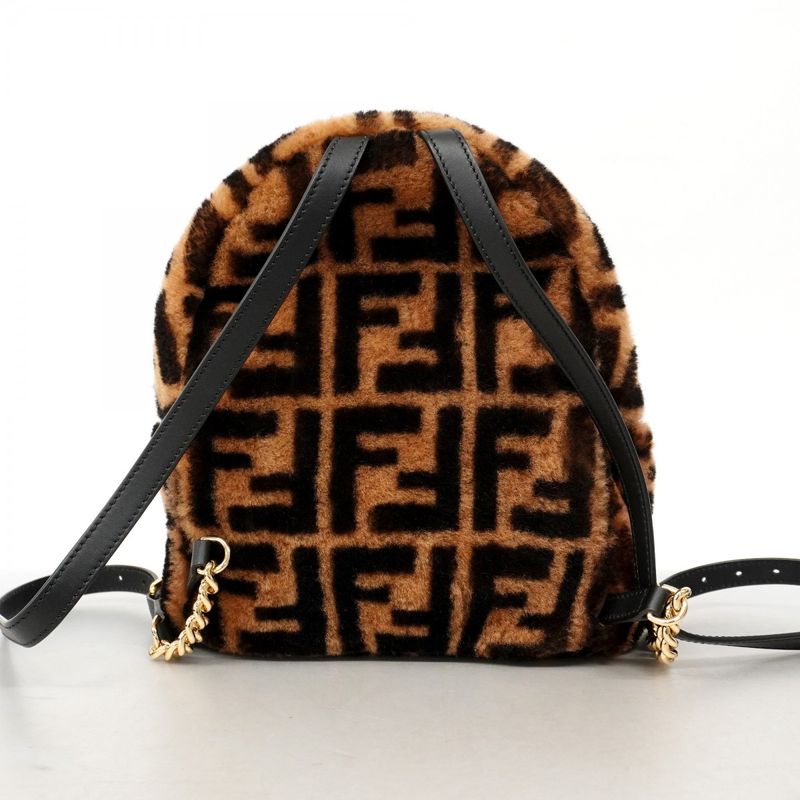 Fendi Backpack Daypack Zucca Fur Brown Black Gold Hardware Women's