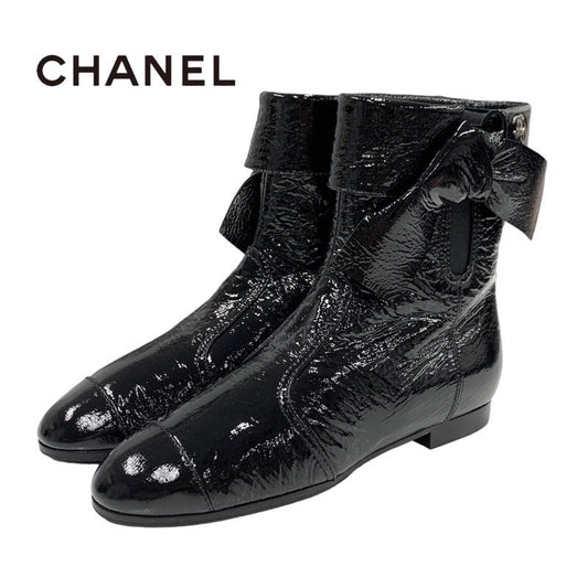 Chanel Boots Short Boots Shoes Patent Black Here Mark Wrinkled Side Gore Ribbon
