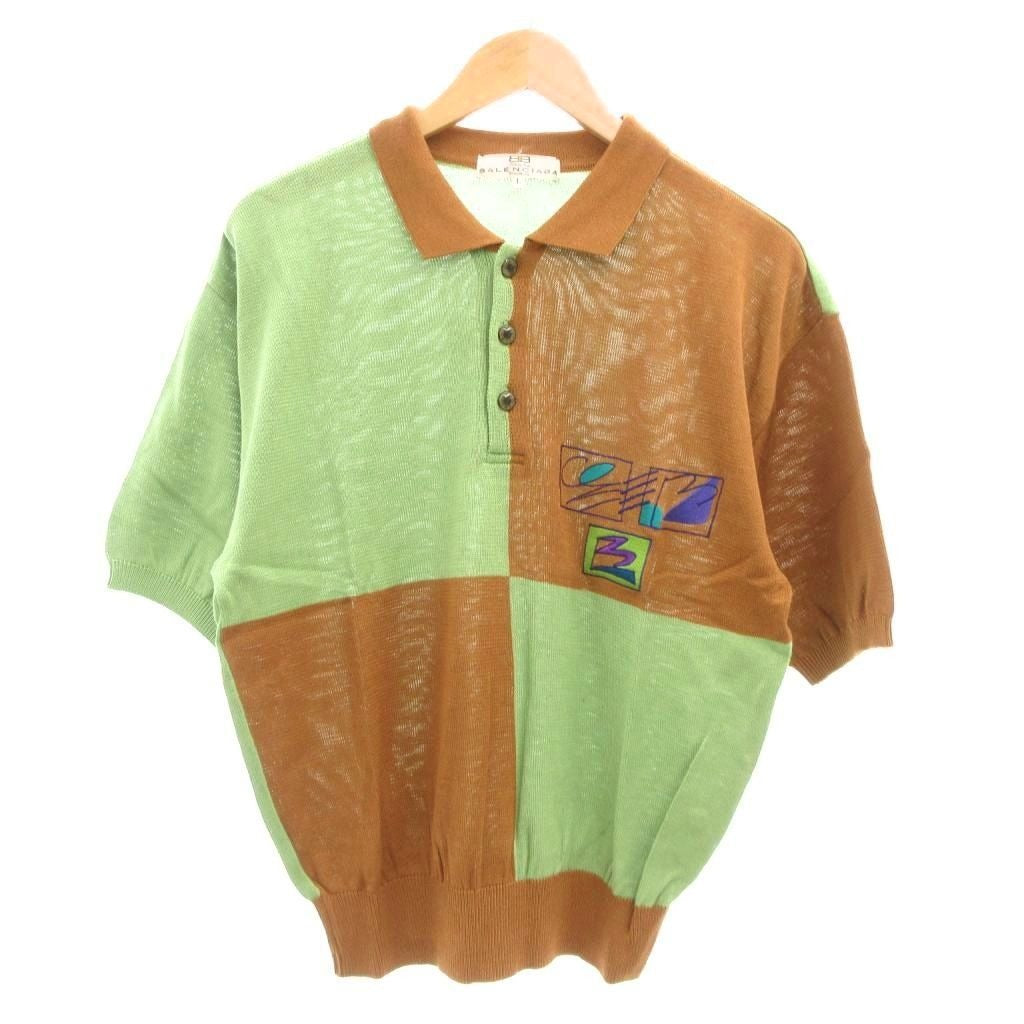 Balenciaga Sports Vintage Knit Polo Shirt Short Sleeve L Green Brown
