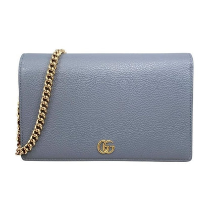 Gucci Shoulder Bag Chain Wallet Leather Double G Light Blue Beige
