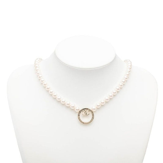 Chanel CC Logo Pearl Necklace White Champagne Gold Faux Plated
