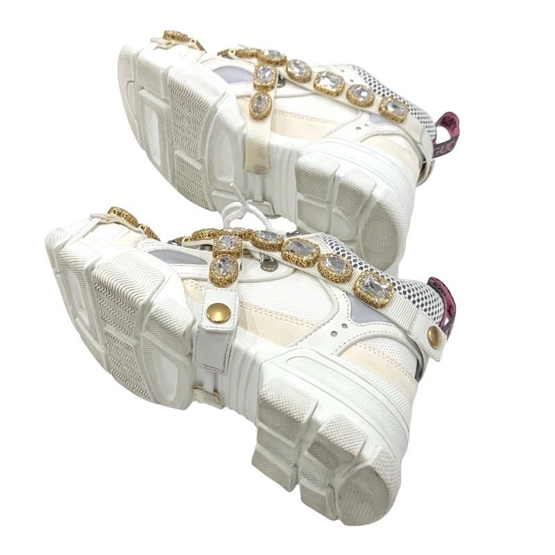 Gucci Flashtrek Sneakers Shoes Leather Fabric White Beige White Gold Logo Bijou