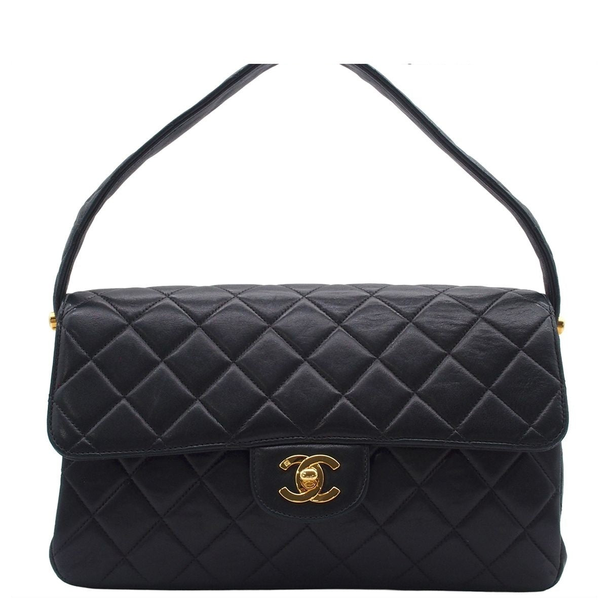 Chanel Handbag Face Quilted CC Logo Black Gold Lambskin