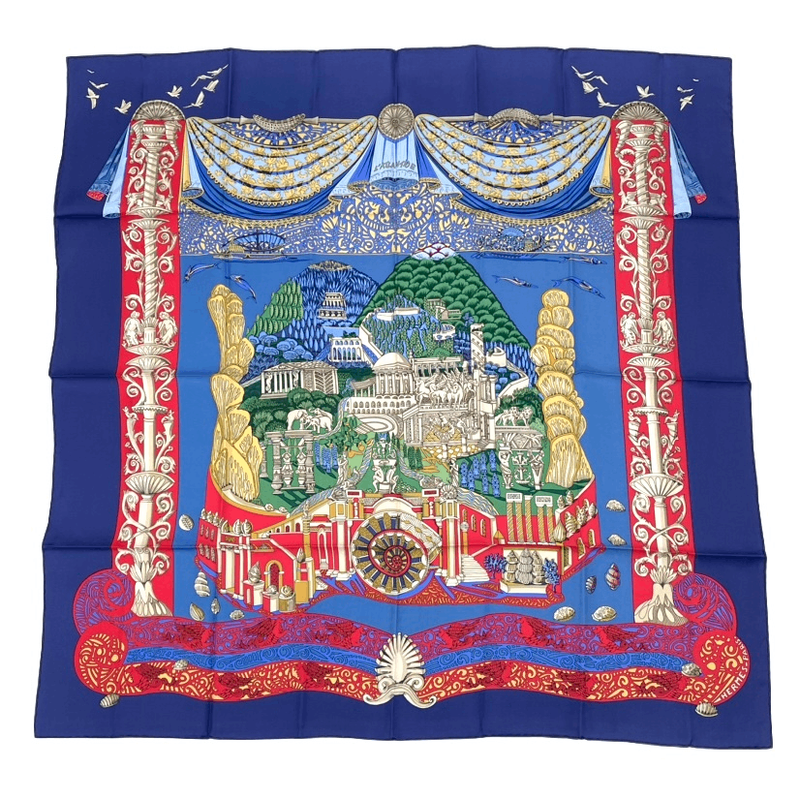 Hermes Carre 90 L Atlantide Atlantis Continental Silk Scarf Navy