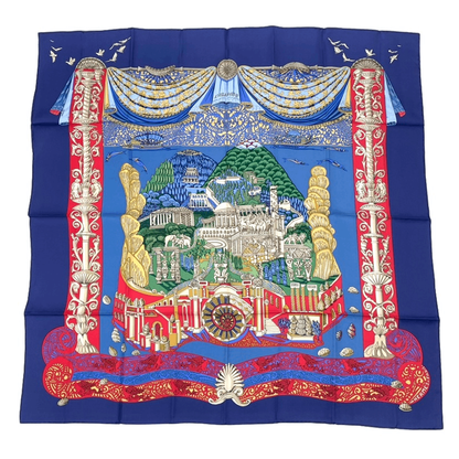 Hermes Carre 90 L Atlantide Atlantis Continental Silk Scarf Navy