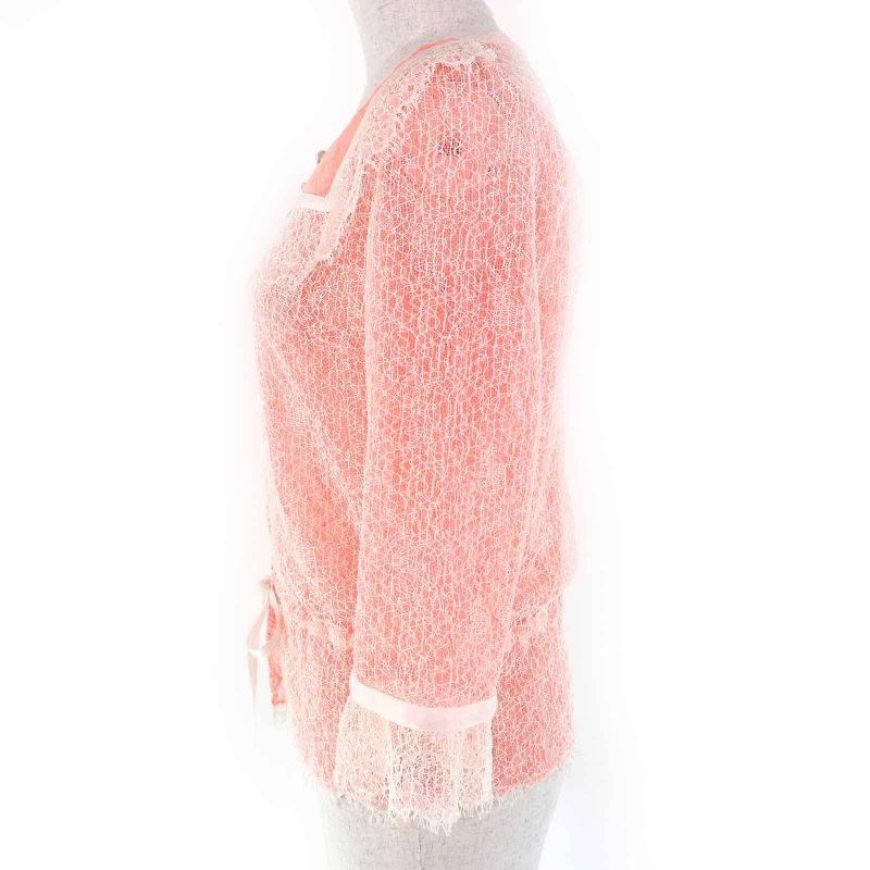 CHANEL P38256 Coco Mark Button Ribbon Belt Full Lace Cardigan Bolero Salmon