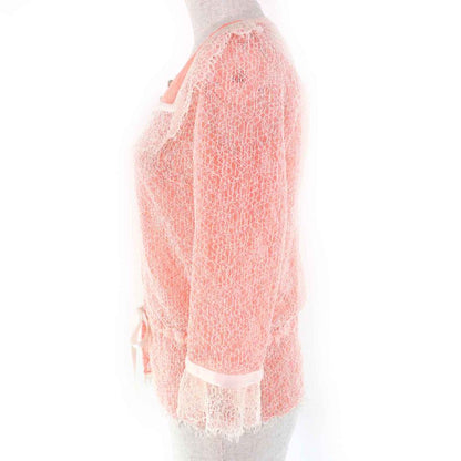 CHANEL P38256 Coco Mark Button Ribbon Belt Full Lace Cardigan Bolero Salmon
