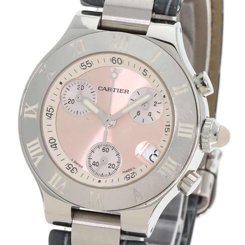 Cartier W1020012 Chronoscaf SM Wristwatch SS Leather Ladies
