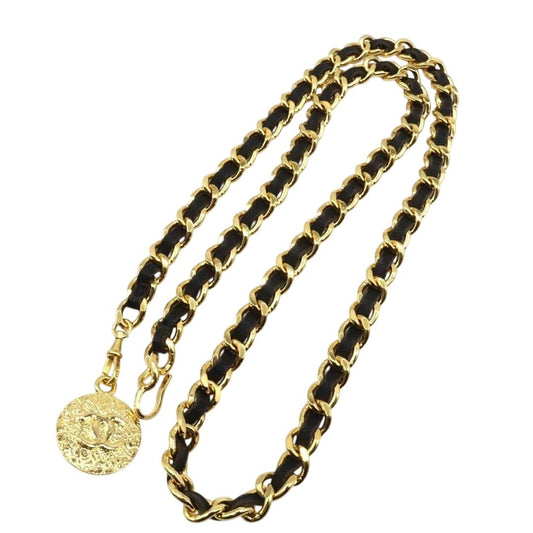 CHANEL Vintage CC Logo Leather Chain Belt Gold Red