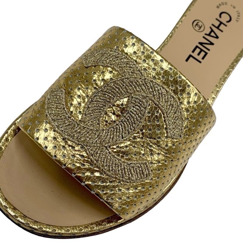Chanel Sandals Shoes Leather Gold Flat Sandals Mules Coco Mark Punching