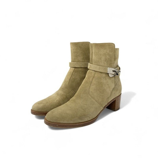 Hermes Frenchie Boots Short Shoes Suede Beige Silver Kelly Hardware