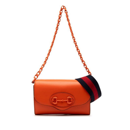 Gucci Horsebid Chain Shoulder Bag Orange Leather