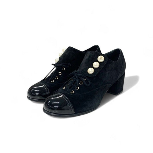 Chanel Loafers Leather Shoes Suede Patent Black Pearl Coco Mark Lace Up