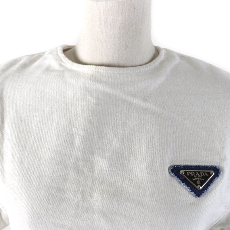 Prada 2021 Gft012 100% Cotton Cut-off Cropped Denim Top With Triangle Logo