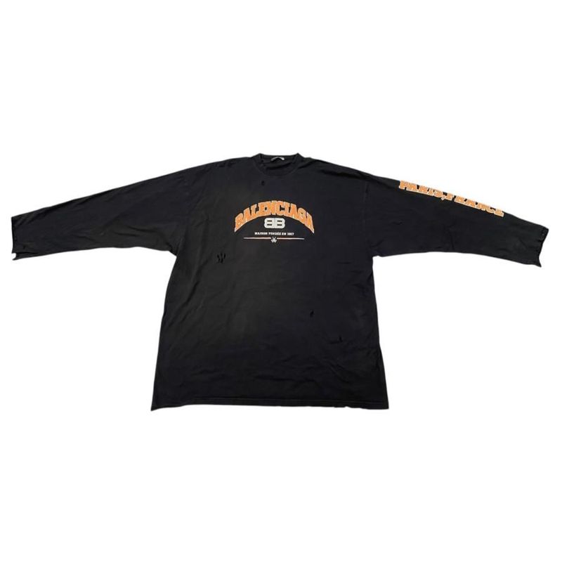 Balenciaga Long Sleeve Long T-Shirt Damaged Logo 681046 5 Size Black Orange