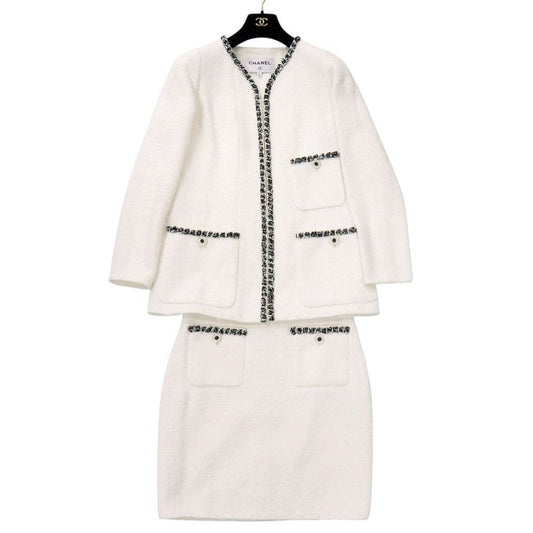 Chanel Tweed Cotton Stone Polyamide White Set Suit 1327