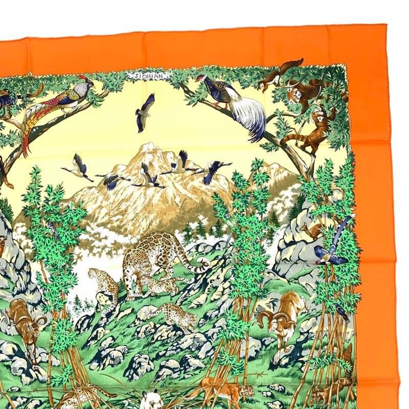 Hermes Carre 90 Sichuan Orange And Multicolor Silk Scarf