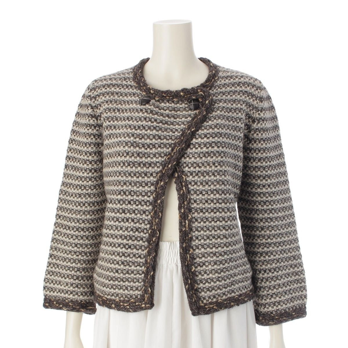 Chanel Cashmere Wool Knit Collarless Jacket Cardigan Brown 40