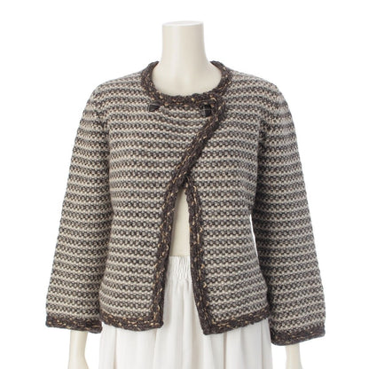 Chanel Cashmere Wool Knit Collarless Jacket Cardigan Brown 40