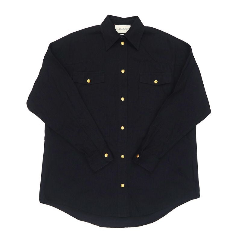 Gucci Long Sleeve Shirt Gold Logo 40 BK Button Back Print
