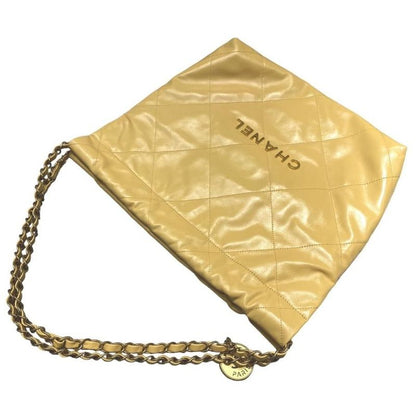Chanel 22 Tote Small Handbag As3260 Matelasse Coco Mark Plate Yellow Gold