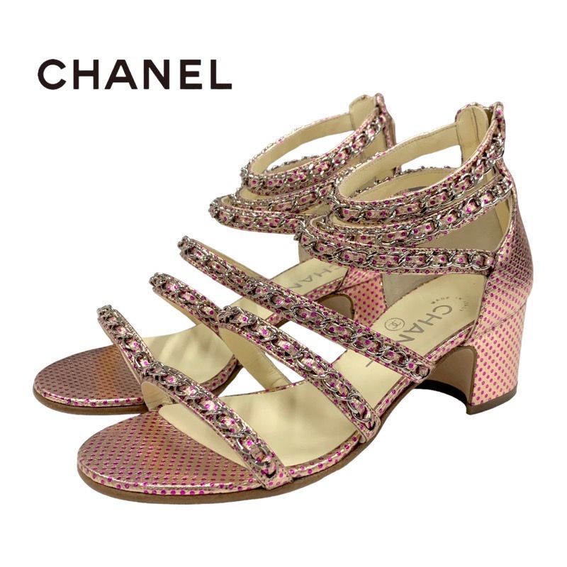 Chanel Sandals Shoes Leather Pink Silver Coco Mark Chain Dot Metallic