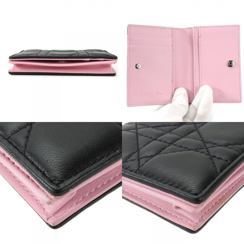 Christian Dior Card Case Cannage Leather Black Pink Business Card Holder Small
