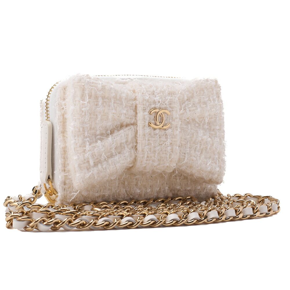 Chanel Mini Matelasse Chain Shoulder Ribbon Tweed White With Gold Hardware