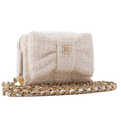 Chanel Mini Matelasse Chain Shoulder Ribbon Tweed White With Gold Hardware