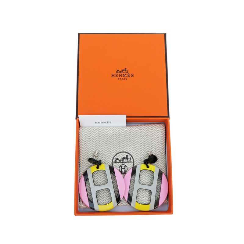 Hermes Earrings H Equipe Buffalo Horn Pair Multicolor Pink Gray Yellow
