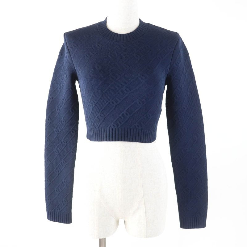 Fendi 2022 Fzx831 FF Logo Crewneck Cropped Long Sleeve Knit Navy 40